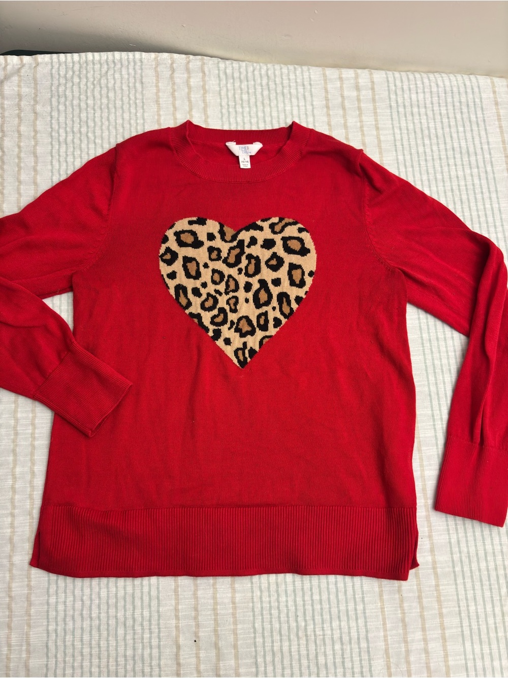 Time and Tru Red Crewneck Sweater with Leopard Heart Accent